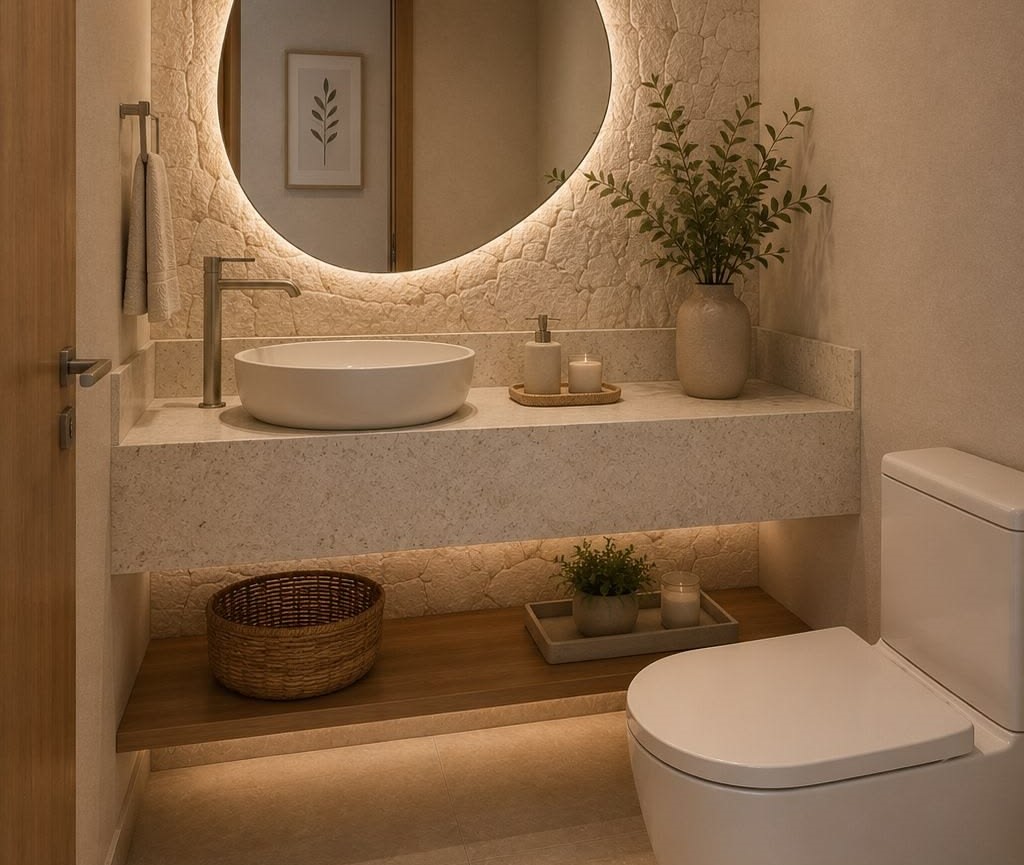 Lavabo com bancada em pedra natural travertino — Marmoraria Pedra Bruta Uberlândia
